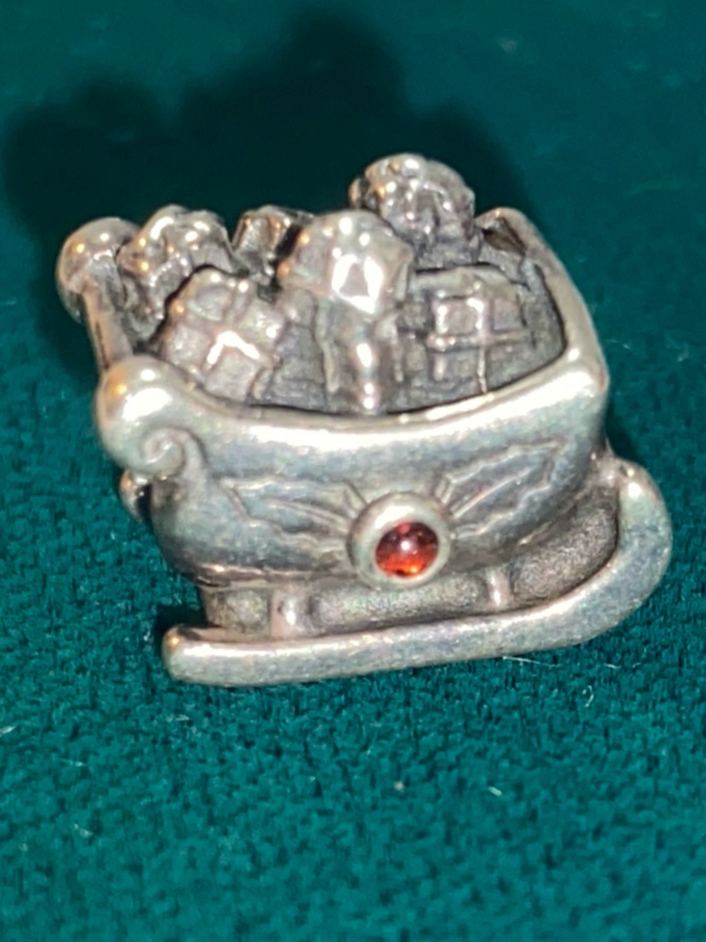 Pandora 925 Sterling Silver Real Red Garnet Santa's Sleigh Slide Bead Charm
